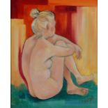 Sarah Aspinall - Seated nude female, oil on canvas, mounted and framed, 23.5cm x 19cm excluding