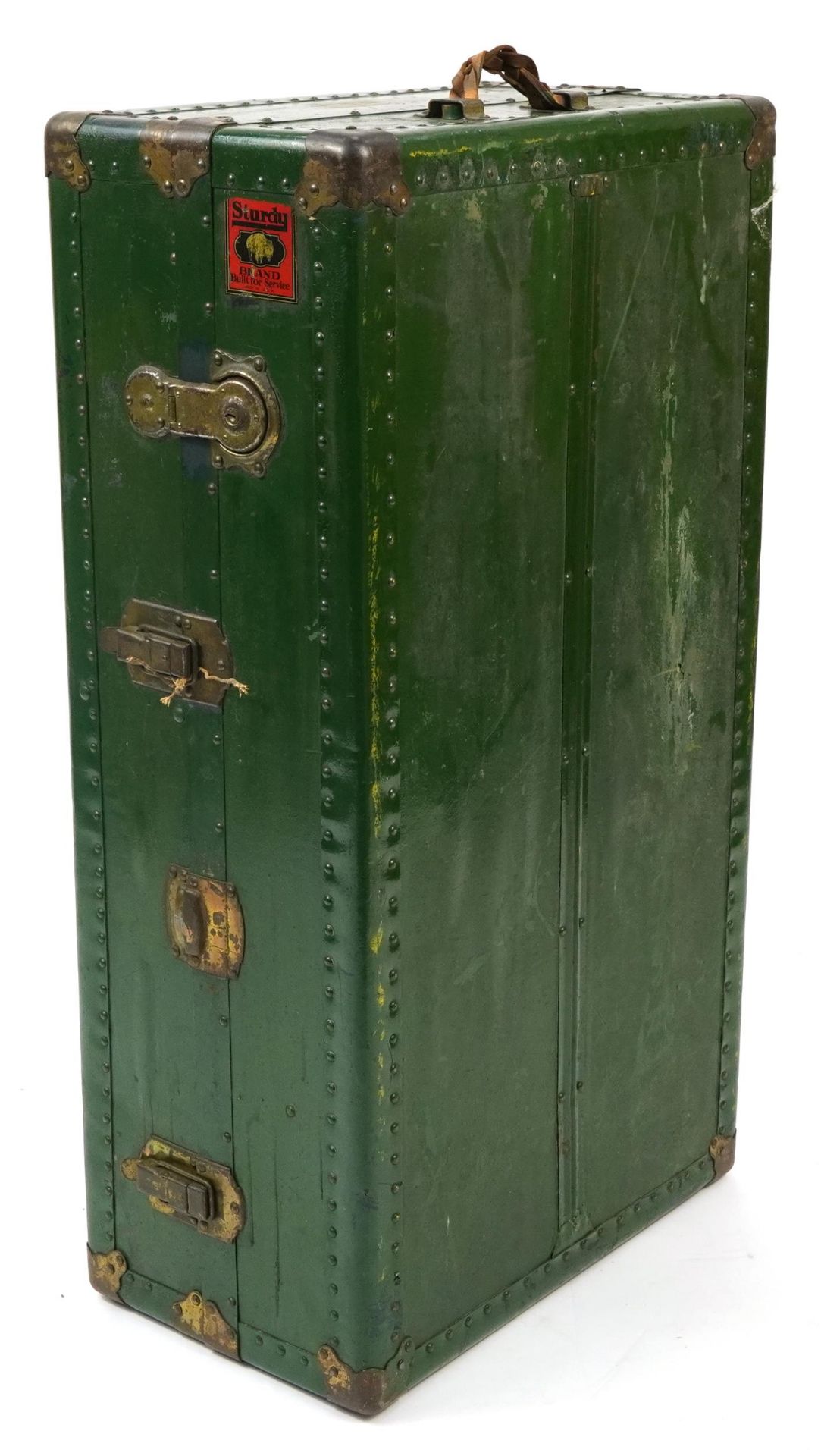 Vintage wooden bound steamer trunk with brass fittings, 33.5cm H x 102cm W x 56cm D