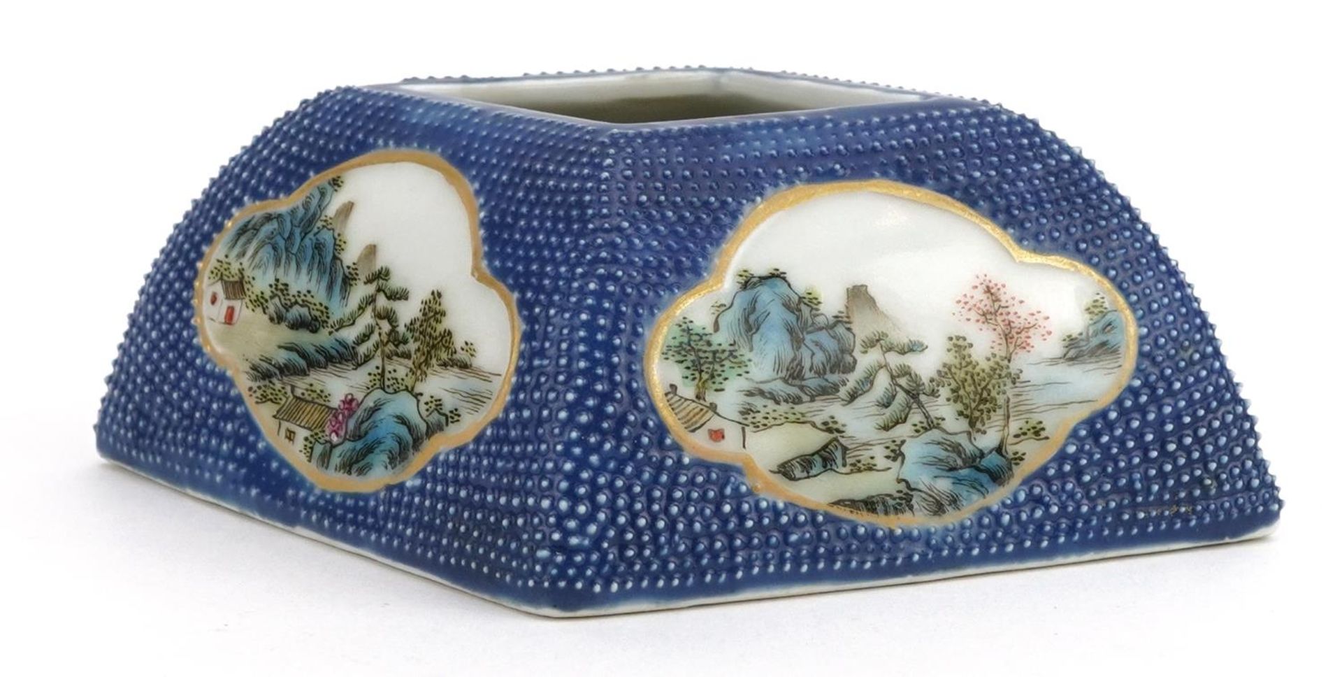 Chinese porcelain blue ground diamond shaped water pot hand painted in the famille rose palette with - Image 3 of 6