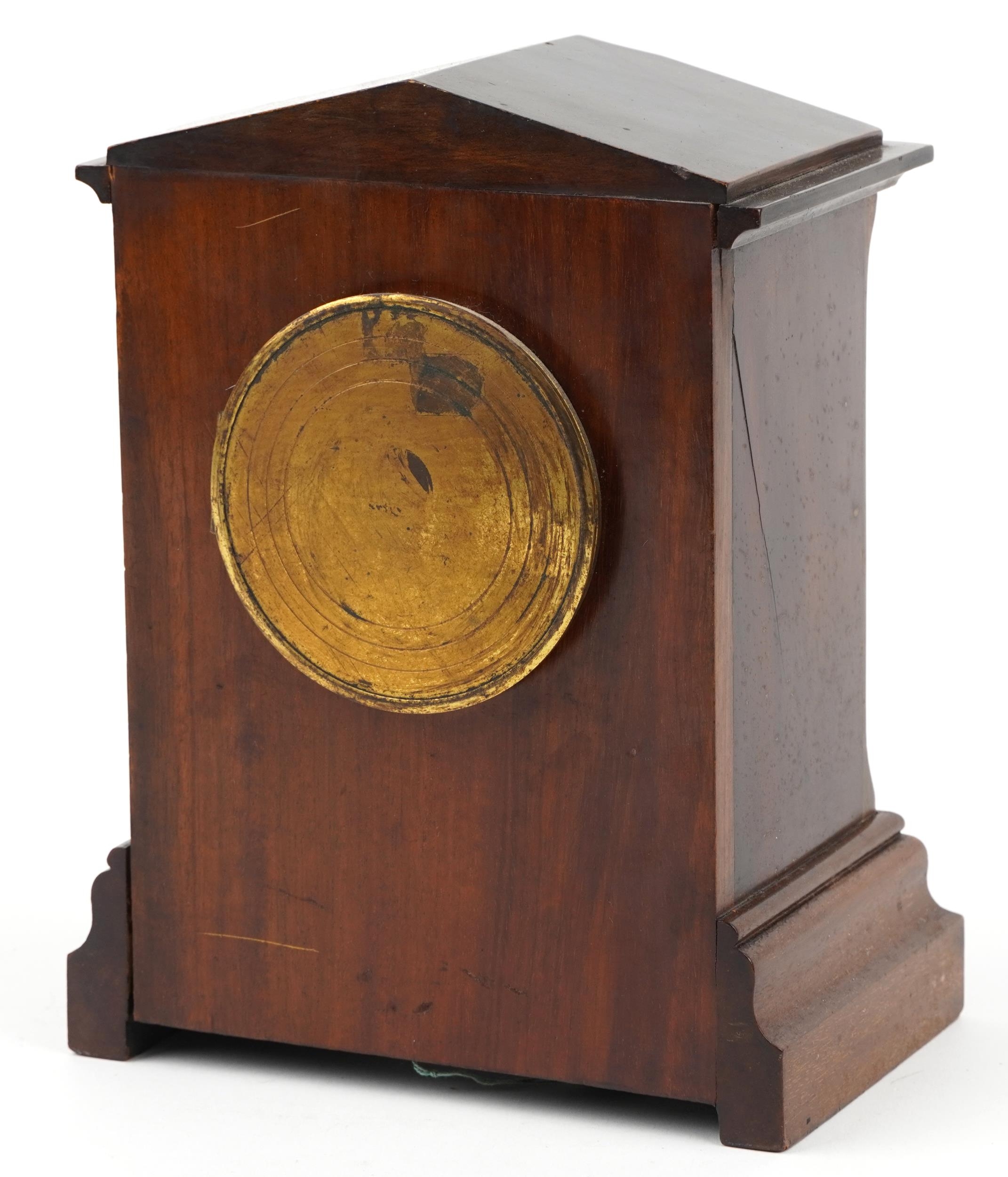 Edwardian inlaid mahogany mantle clock, the enamelled dial with Arabic numerals, 24cm high - Image 2 of 4