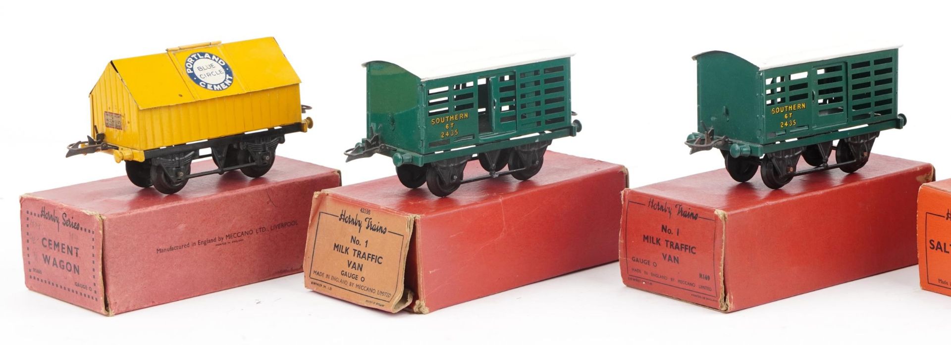 Five Hornby O gauge tinplate model railway wagons and vans with boxes comprising No 1 Milk Traffic - Image 2 of 5