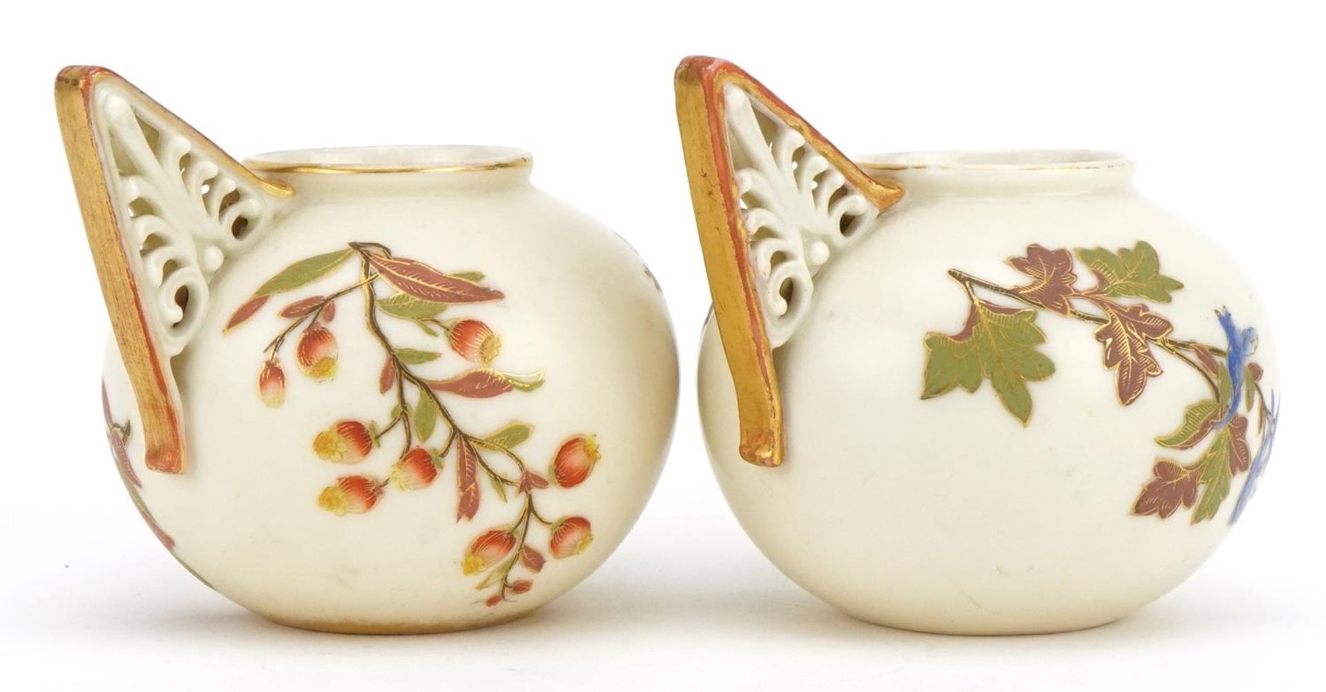 Royal Worcester, pair of Victorian blush ivory vases with pierced handles, each decorated with - Image 2 of 4