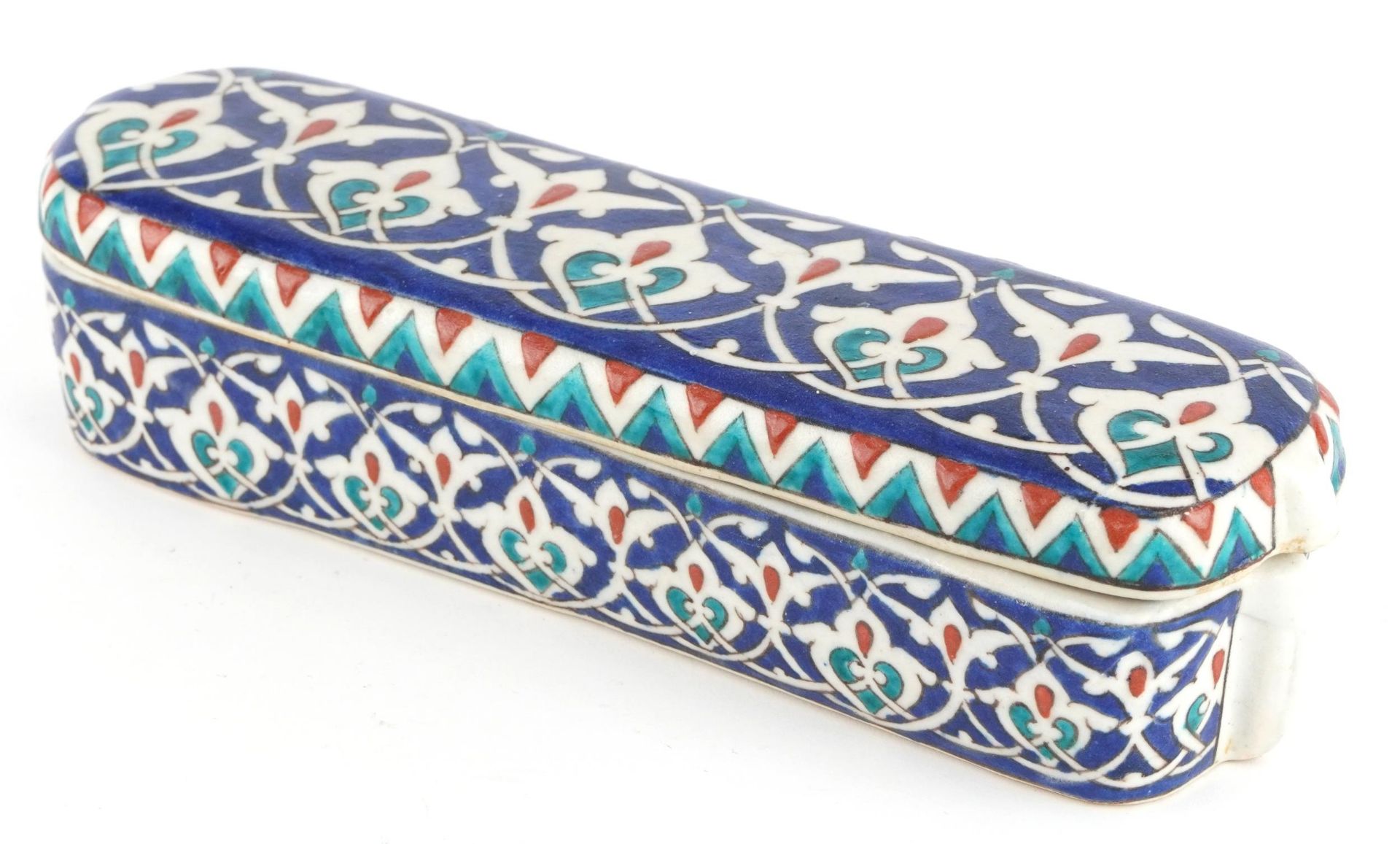 Turkish Iznik pottery pen box and cover, 23.5cm in length - Image 2 of 10