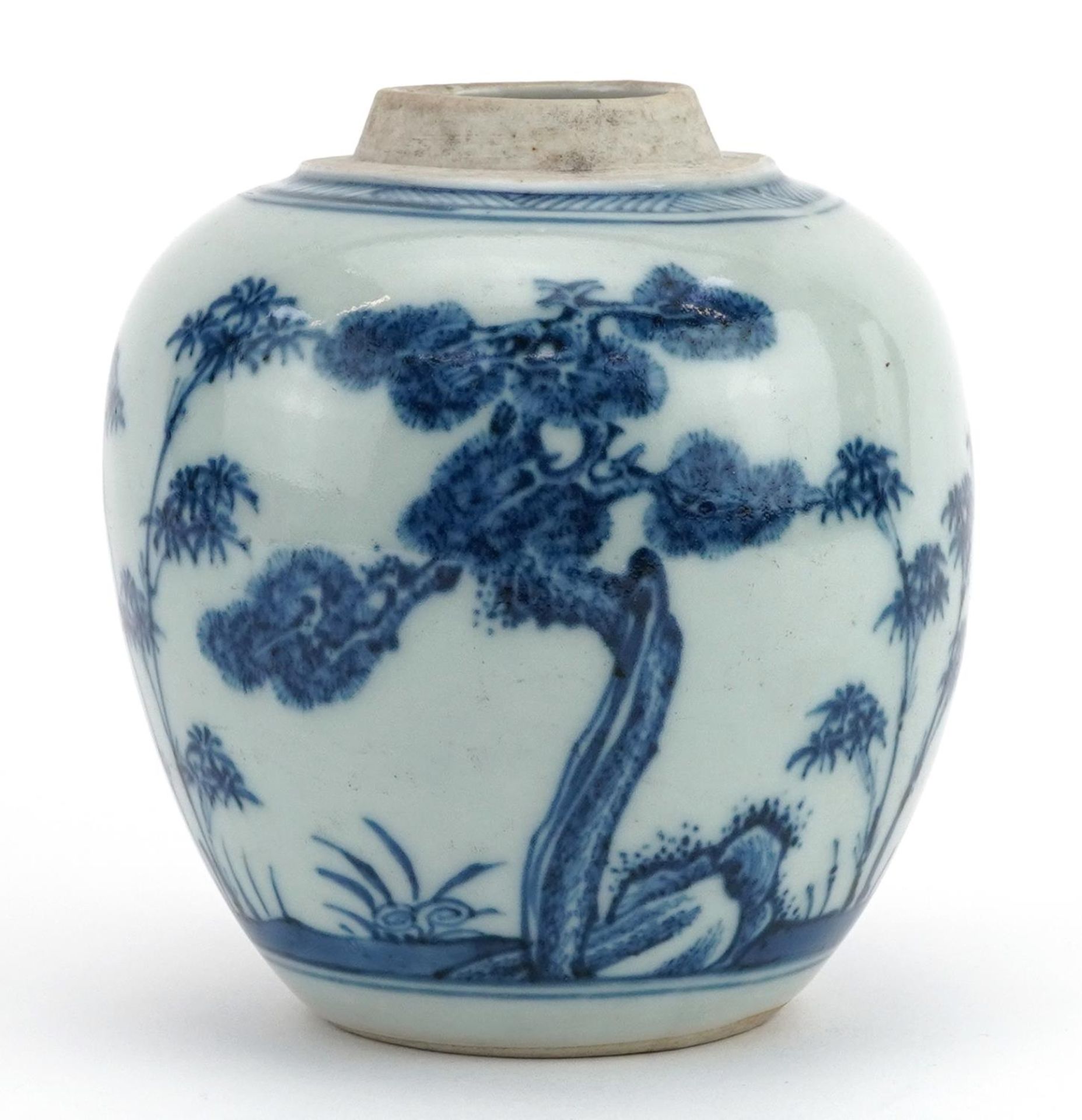 Chinese blue and white porcelain ginger jar hand painted with pine trees, 10cm high