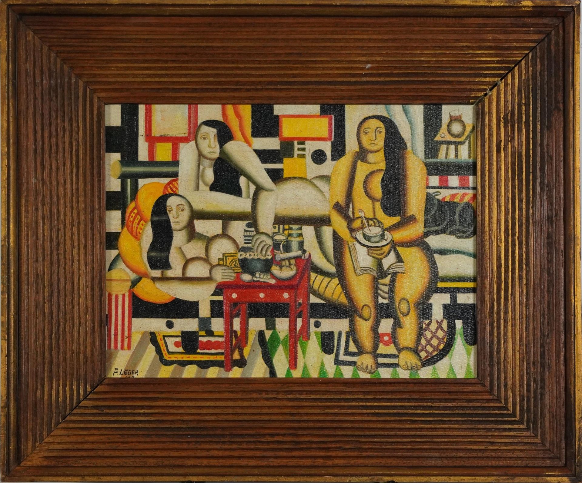 Manner of Fernand Leger - Surreal composition, females and geometric shapes, French school oil on - Image 3 of 8