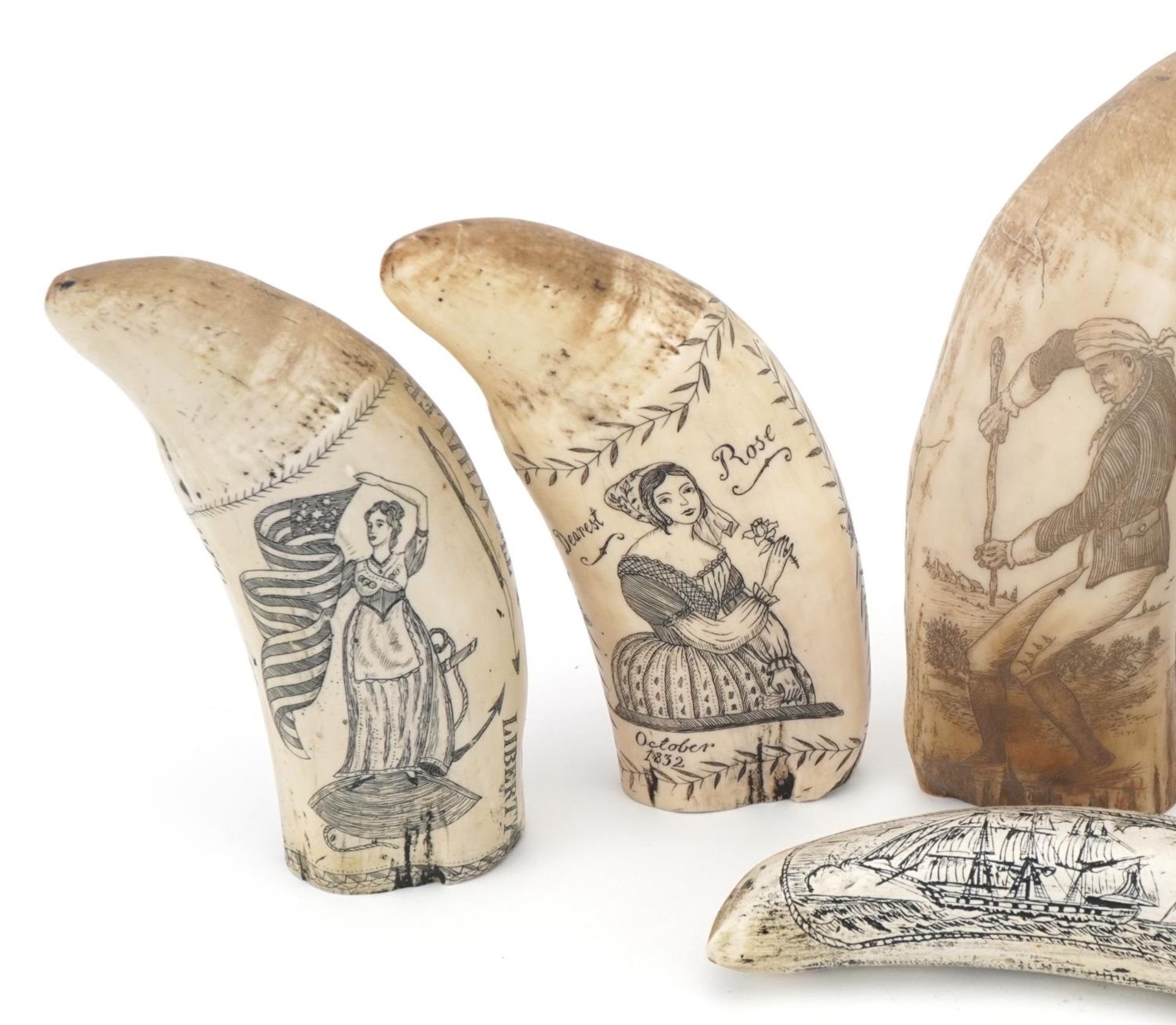 Six scrimshaw style decorative tusks decorated with figures and ships, the largest 16cm high - Bild 4 aus 14