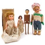 Three vintage composite dolls and a wooden doll with jointed limbs including Rosebud doll with