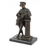 Patinated spelter figure of a young musician leaning on a pillar raised on a rectangular ebonised