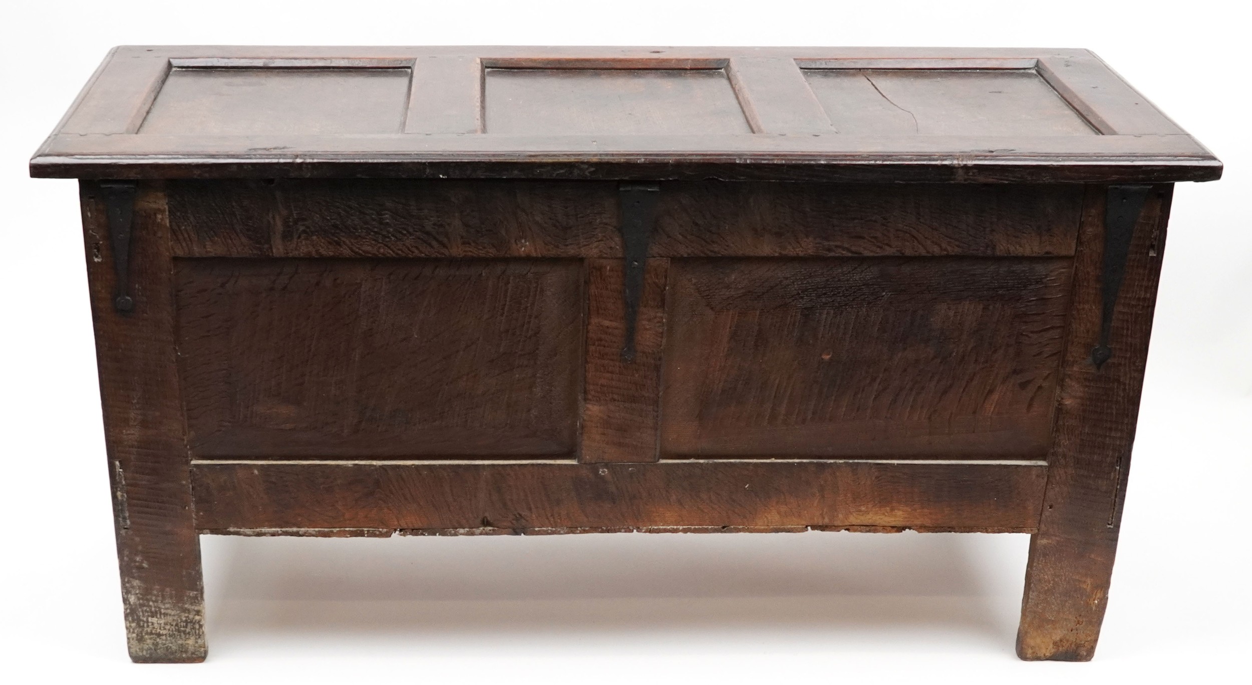 Late 17th century oak three panel coffer, 67cm H x 133cm W x 50cm D - Image 5 of 5