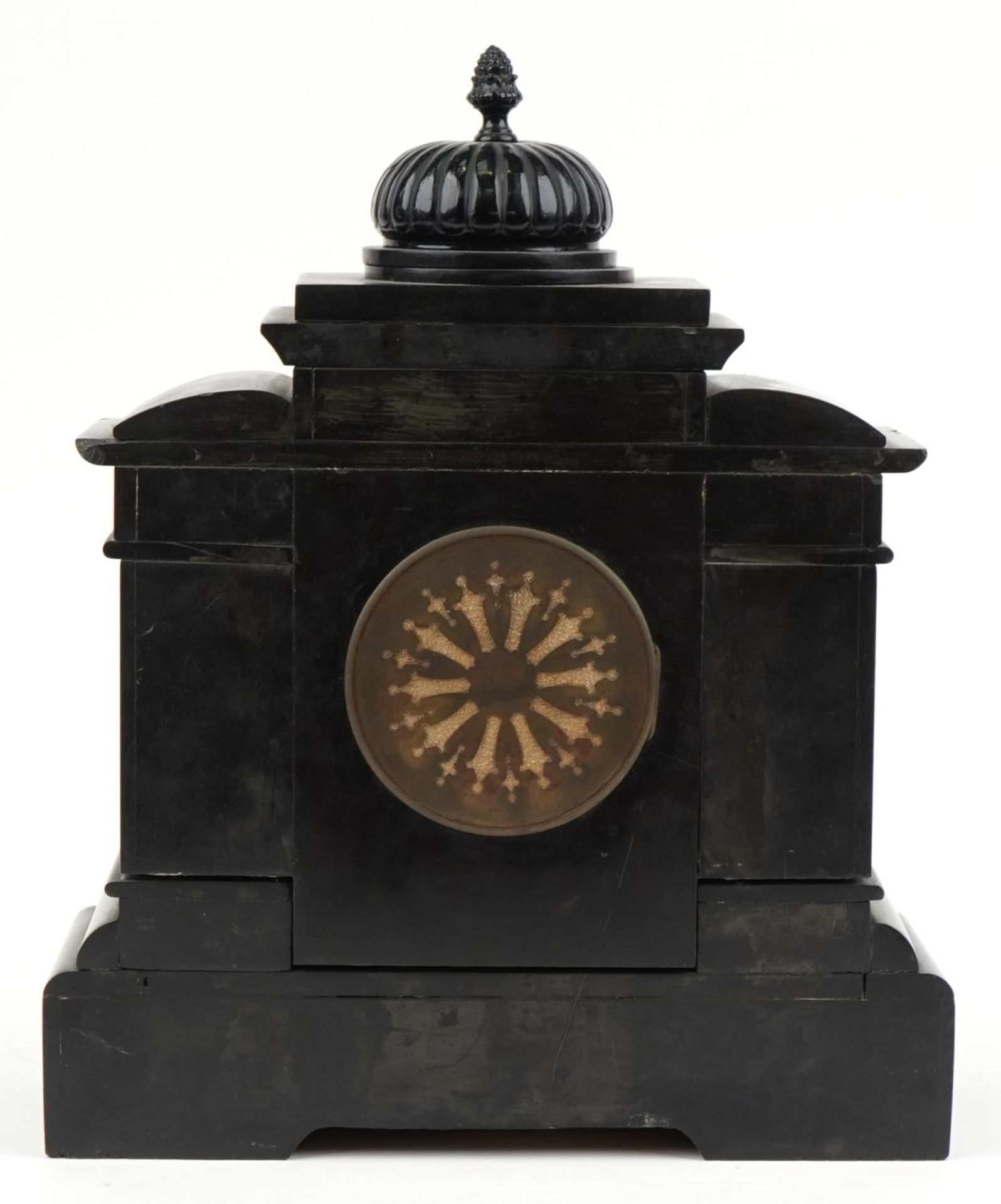 Victorian black slate mantle clock with reeded columns and circular chapter ring having Arabic - Image 5 of 8