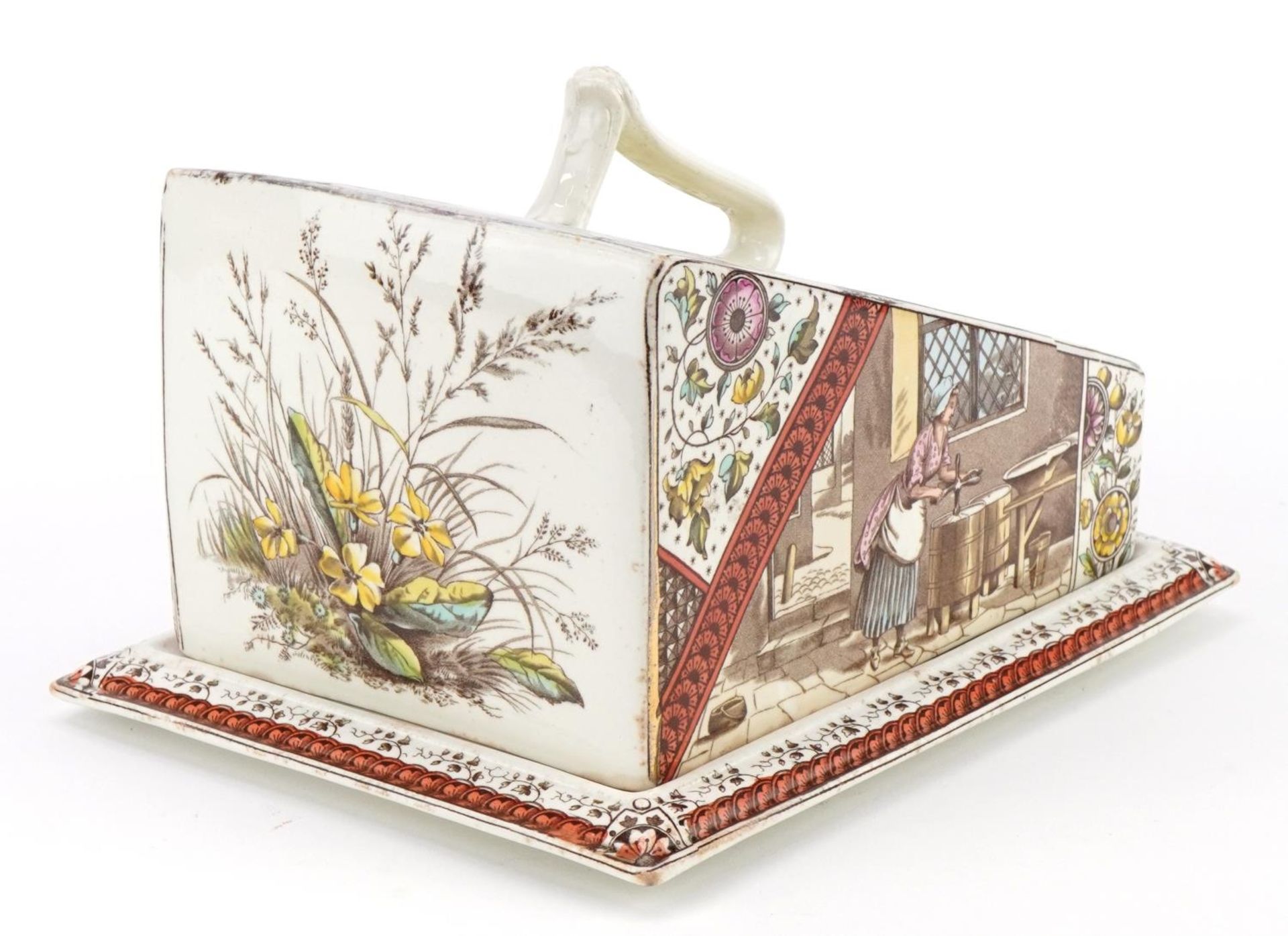 Burgess & Leigh, Victorian aesthetic lidded cheese dish and cover decorated with workers and cattle, - Image 4 of 6