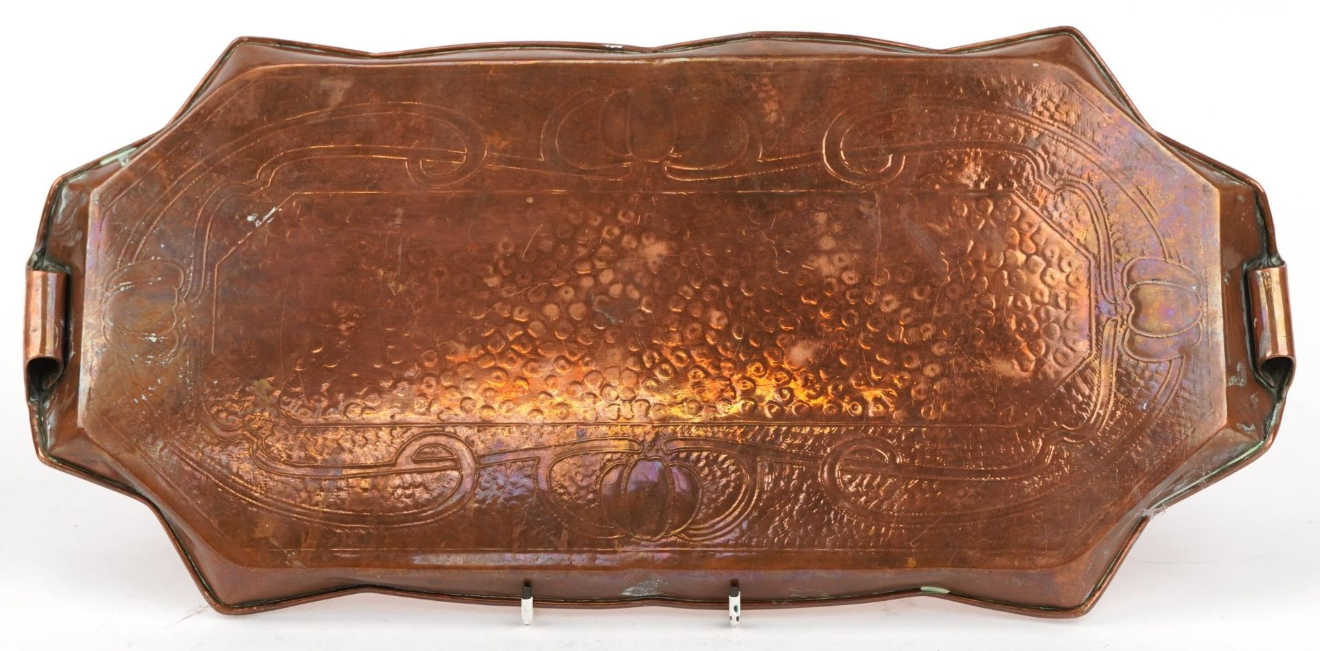 Art Nouveau copper tray engraved with stylised motifs, 49cm wide - Image 3 of 4