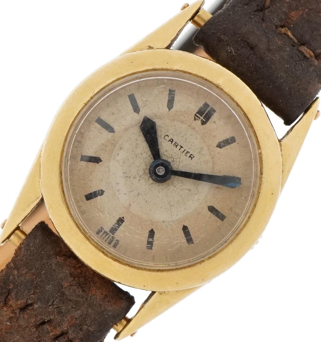 Cartier, early 20th century ladies gold Cartier wristwatch with leather strap and 18ct gold strap - Image 3 of 8