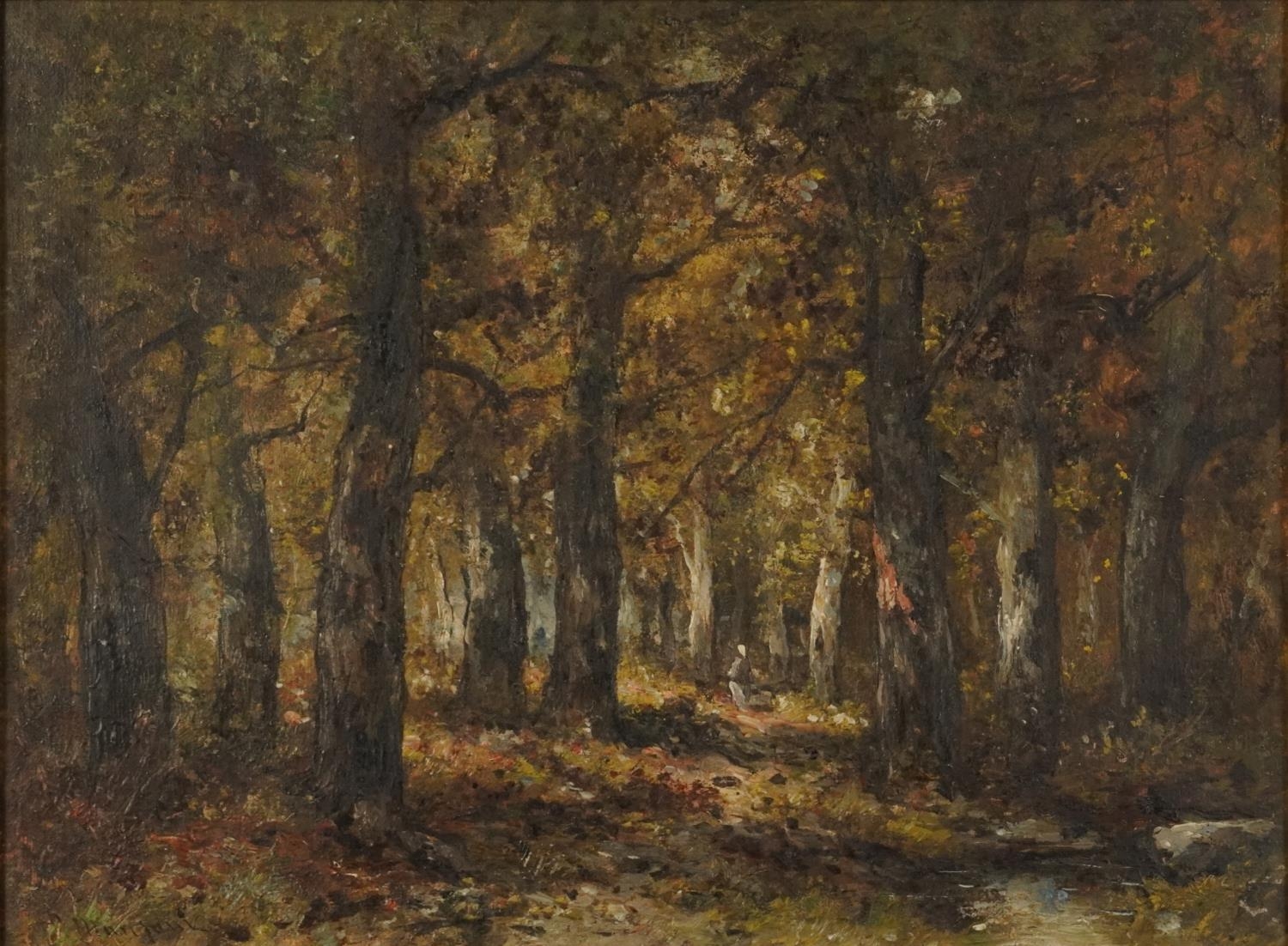 Woodland landscape with figure, oil on canvas, indistinctly signed, C Halford, Camden Town stamp