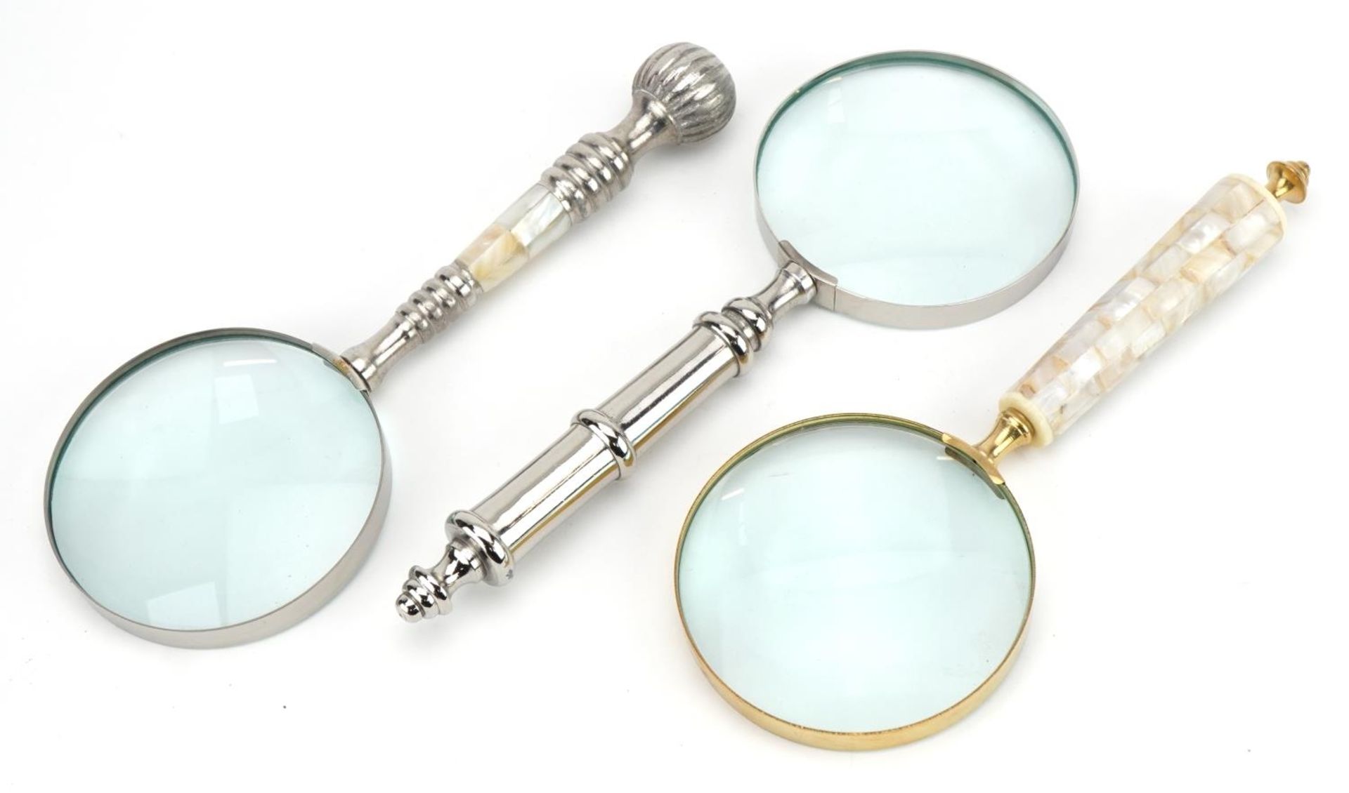 Three large magnifying glasses including two with mother of pearl handles, the largest 25.5cm in - Image 2 of 2