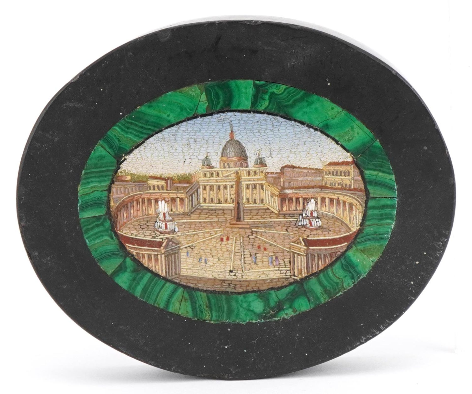 19th century Italian black slate,malachite and micro mosaic desk paperweight inlaid with a view of