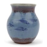 St Ives studio pottery vase hand painted with stylised fish, 12cm high