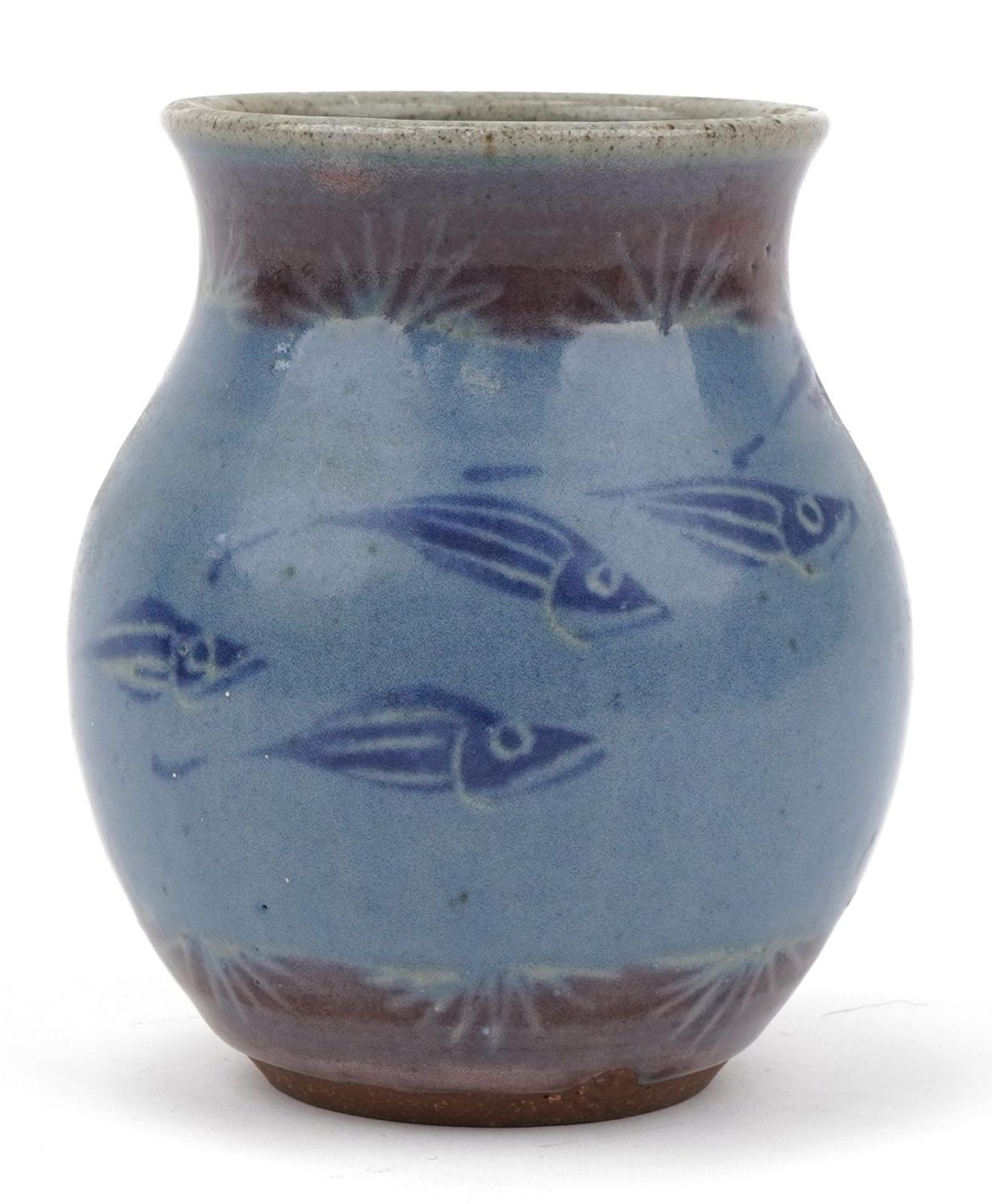 St Ives studio pottery vase hand painted with stylised fish, 12cm high