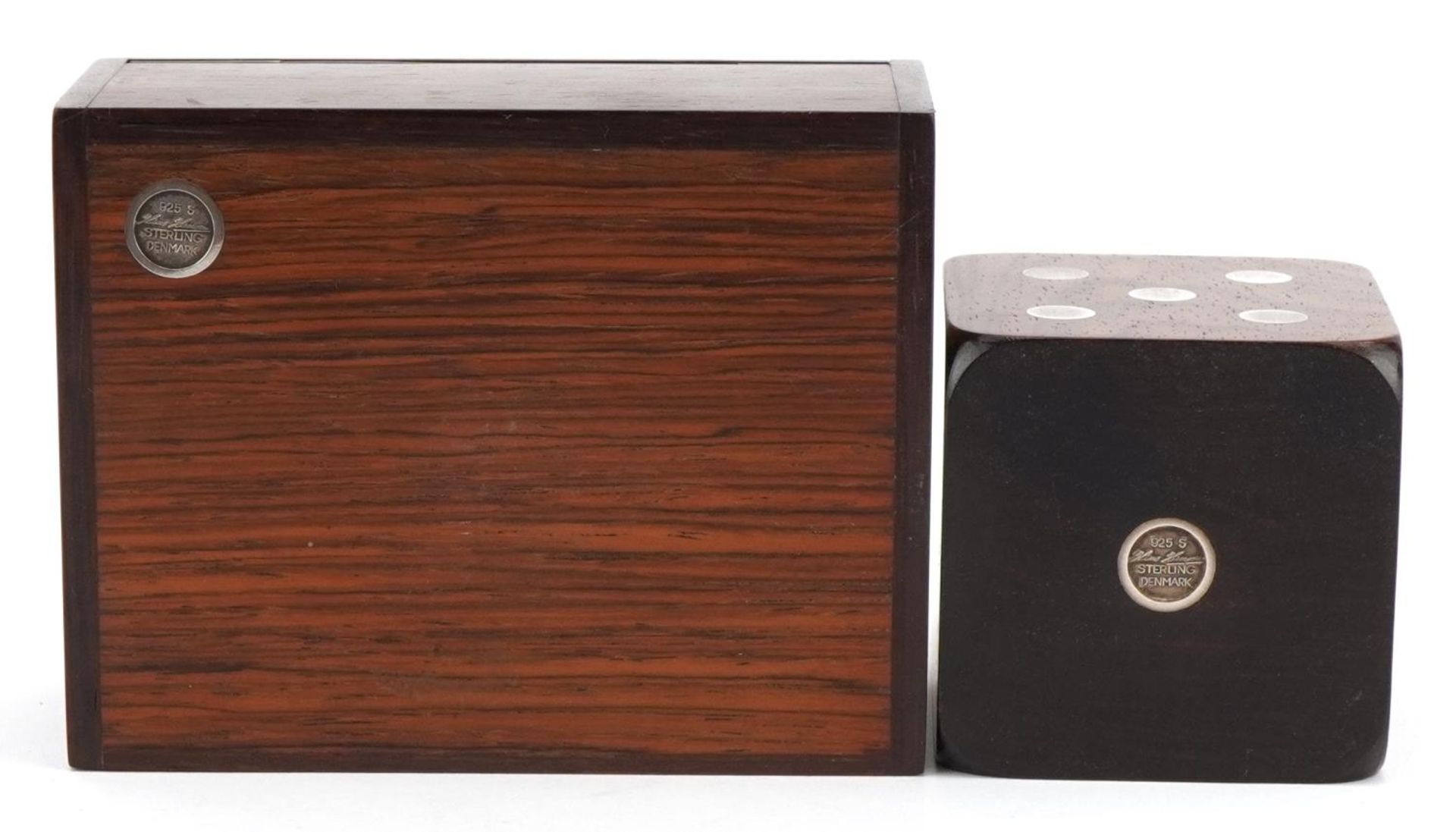 Hans Hansen, Danish rosewood and 925S silver dice table lighter and cigar box, the largest 11cm wide - Image 8 of 10