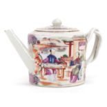 Chinese Mandarin porcelain teapot hand painted in the famille rose palette with figures in a