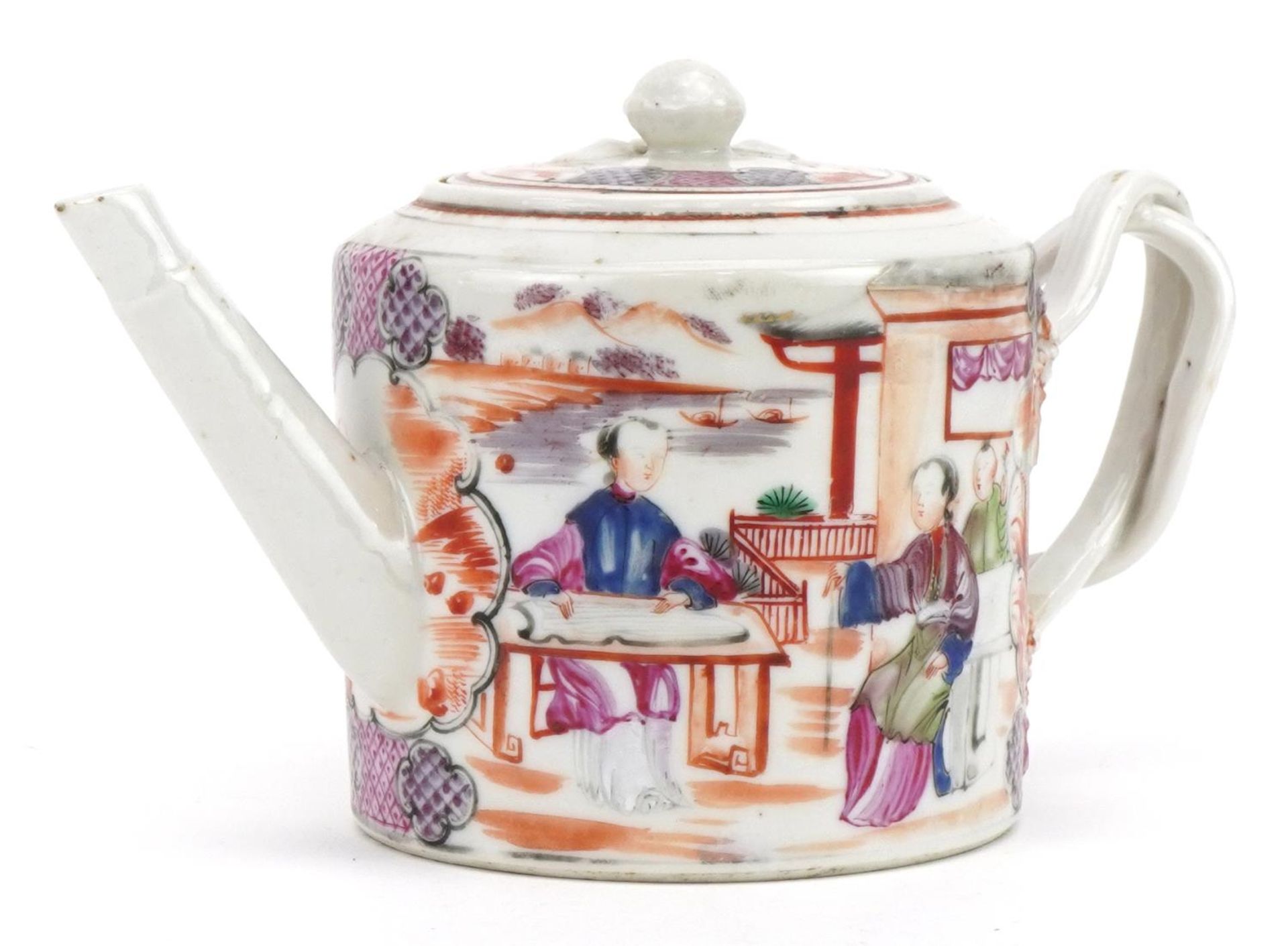 Chinese Mandarin porcelain teapot hand painted in the famille rose palette with figures in a