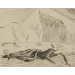 Helene de Beauvoir - Surreal landscape with reclining female and bird, French pencil signed print,