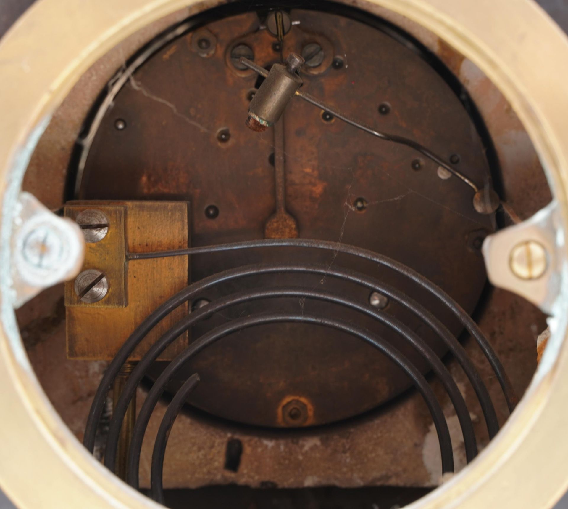 Victorian black slate and red marble mantle clock striking on a gong with circular enamelled dial - Image 6 of 8