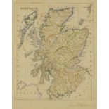 James P Malcolm 1876 - Map of Scotland, ink and watercolour, mounted, framed and glazed, 32cm x 25cm