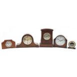 Five early 20th century and later mantle clocks including inlaid Art Deco example with Arabic