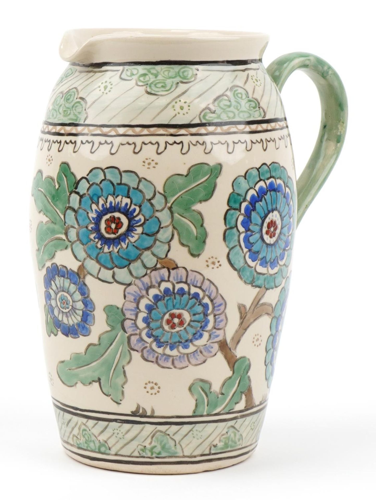 Manner of Charlotte Rhead, large Highwoods pottery jug hand painted with flowers, 30cm high