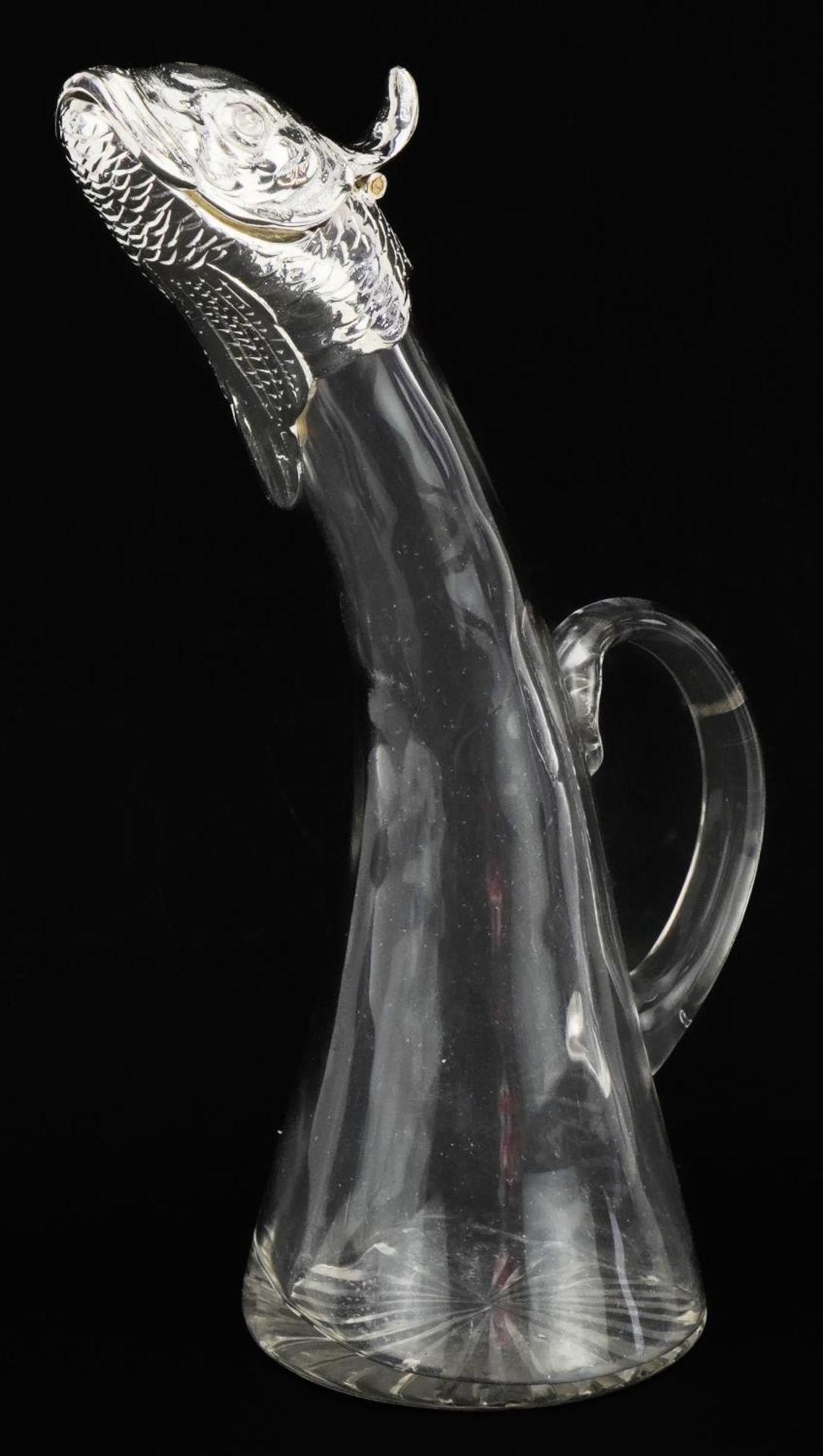 Novelty cut glass and silver plated claret jug in the form of a fish, 24cm high