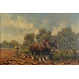 David Hyde - Ploughing scene with workhorses, British oil on canvas, inscribed verso, mounted and