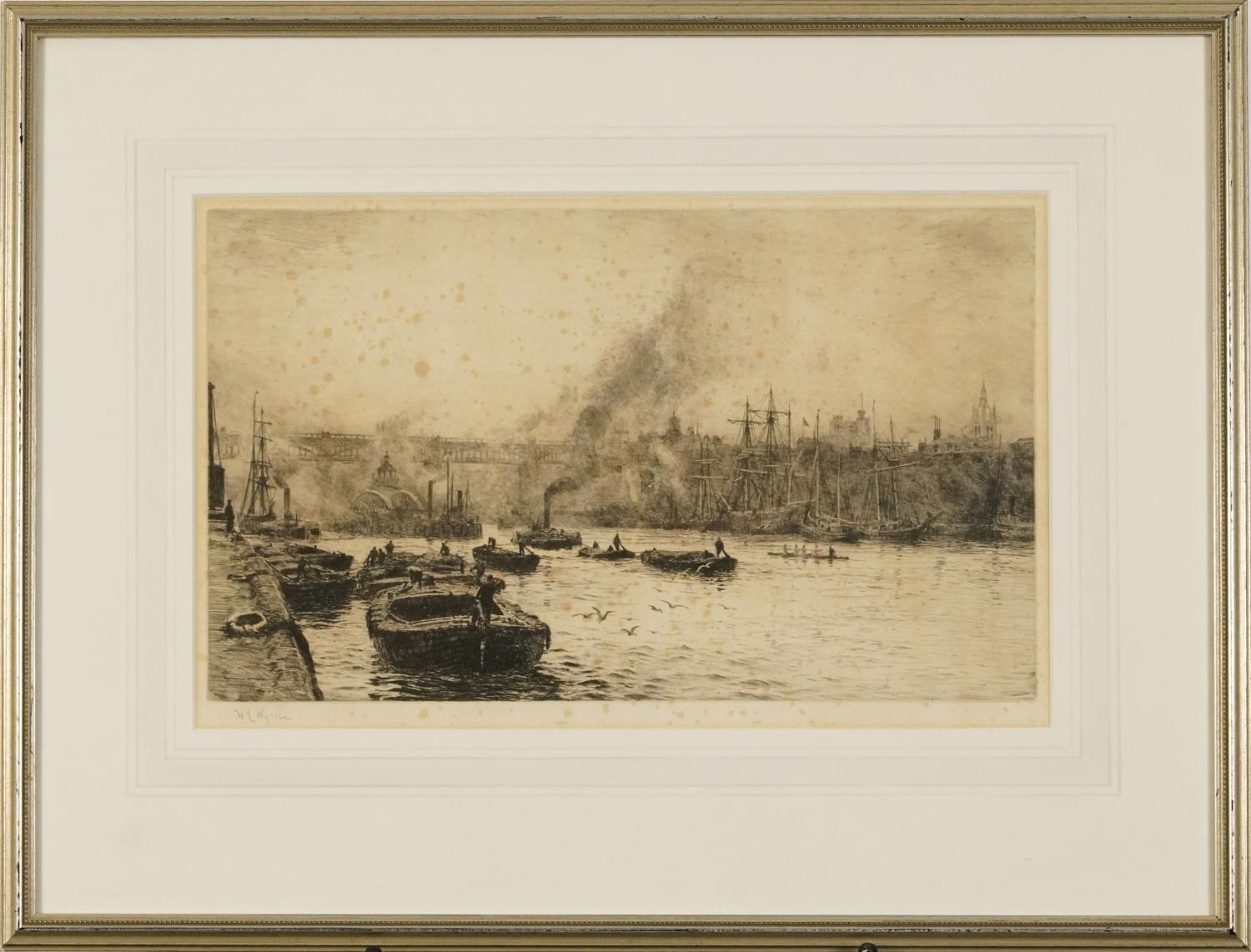 William Lionel Wyllie - Ships and Barges on The River Tyne, pencil signed etching, mounted, framed - Image 2 of 5