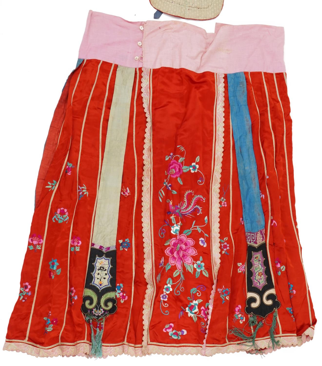 Chinese Canton silk skirt embroidered with flowers and a silk hat embroidered with a toad, the - Image 8 of 12