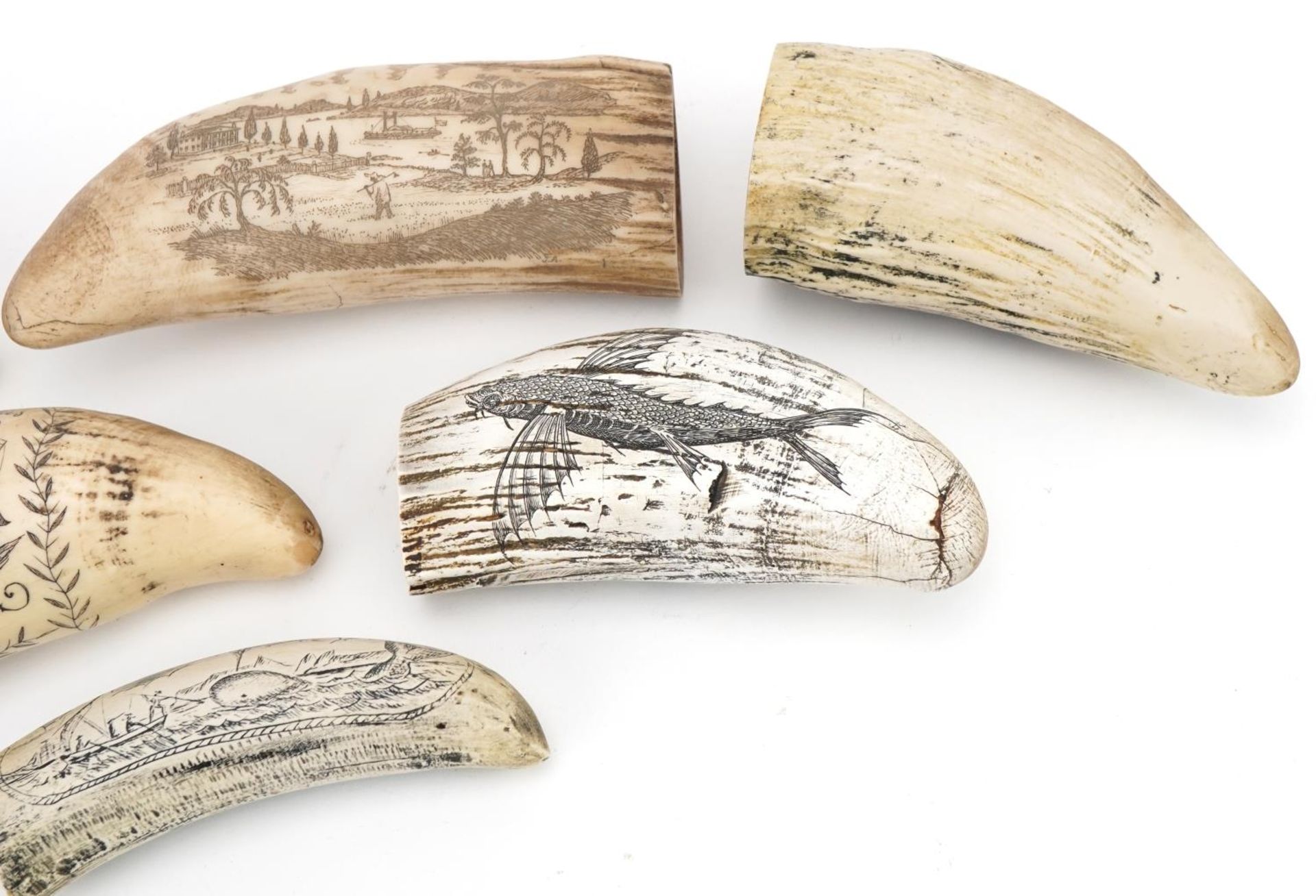 Six scrimshaw style decorative tusks decorated with figures and ships, the largest 16cm high - Image 11 of 14