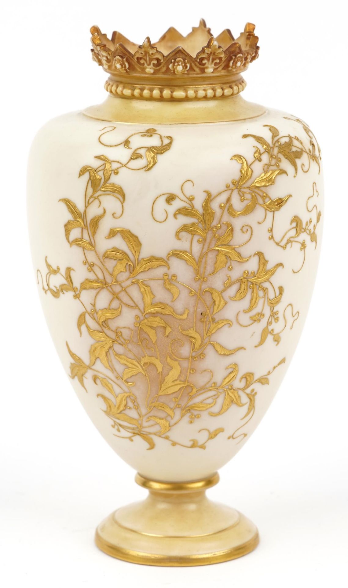 Royal Worcester, Victorian blush ivory porcelain vase gilded with flowers, numbered 1268 to the