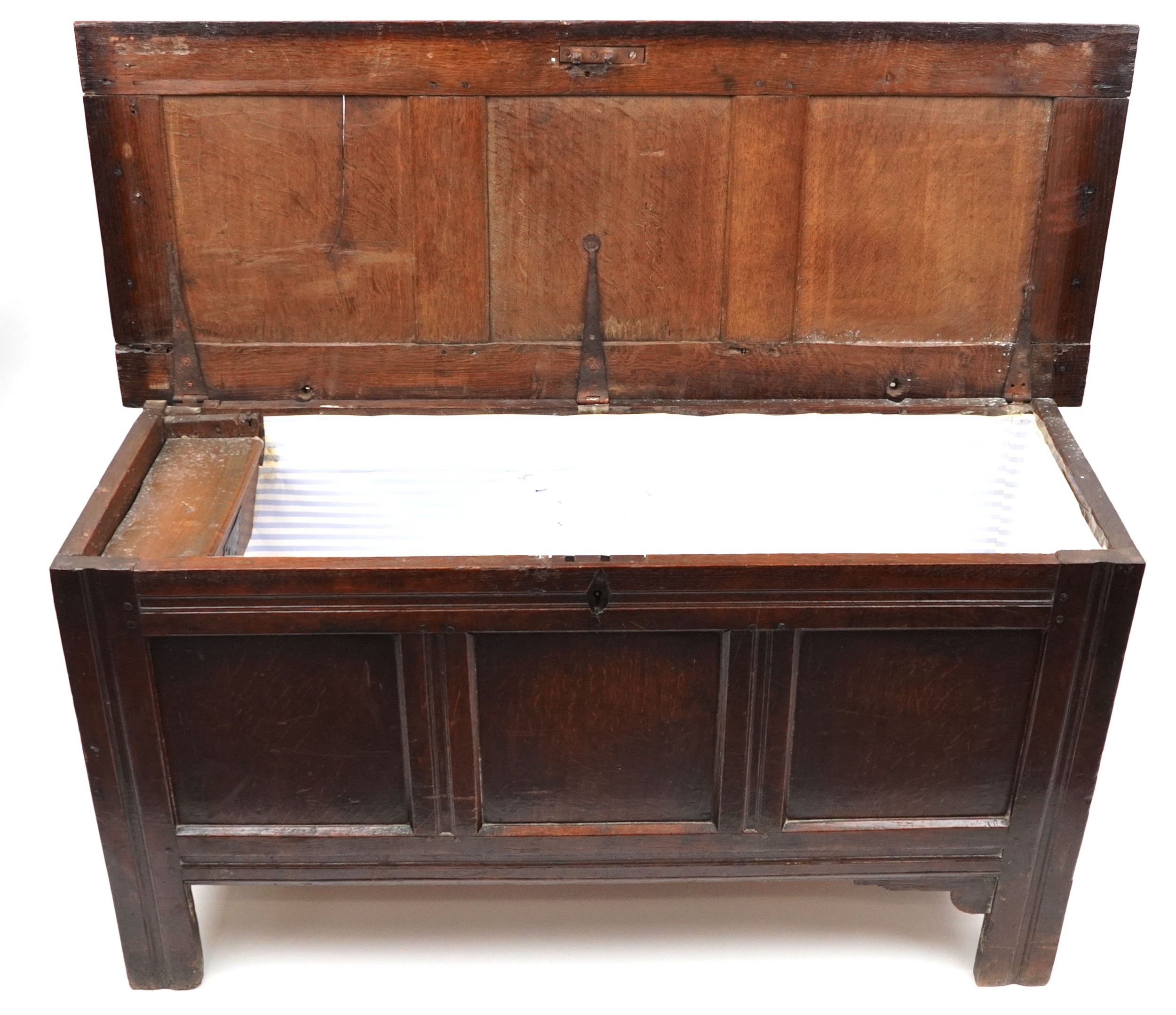 Late 17th century oak three panel coffer, 67cm H x 133cm W x 50cm D - Image 3 of 5