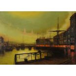 Liverpool dockyard with buildings, oil on board, framed, 76cm x 53cm excluding the frame