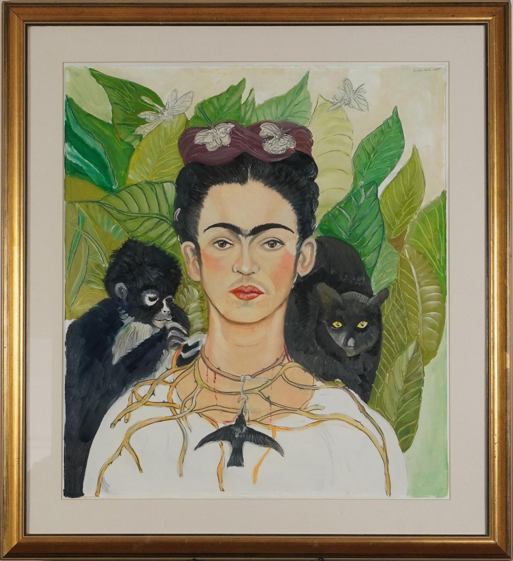 Clive Fredriksson, in the manner of Frida Kahlo - Portrait with monkey and cat, oil, mounted, framed - Image 3 of 8