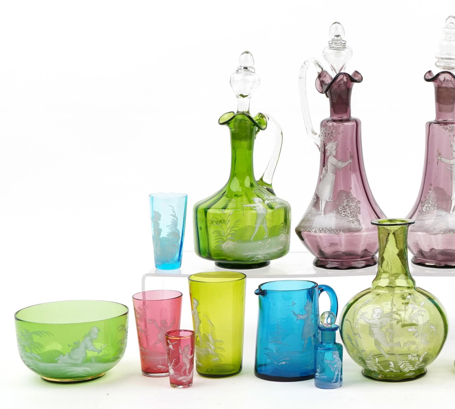 Victorian Mary Gregory glassware including pair of purple claret jugs, beakers, mixing bowl and - Image 6 of 6