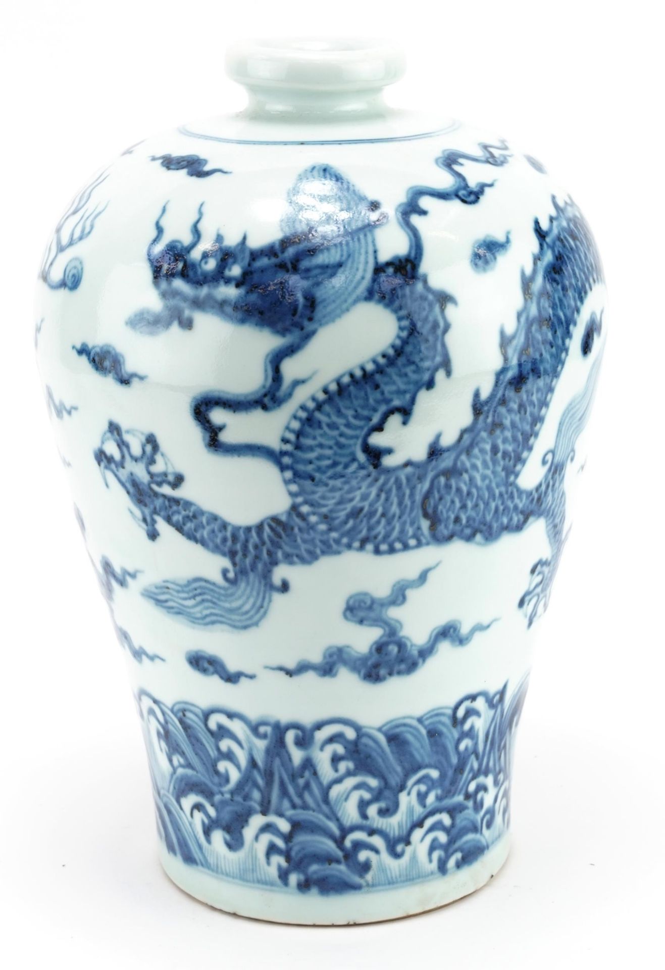 Chinese blue and white porcelain Meiping vase hand painted with a dragon chasing the flaming pearl