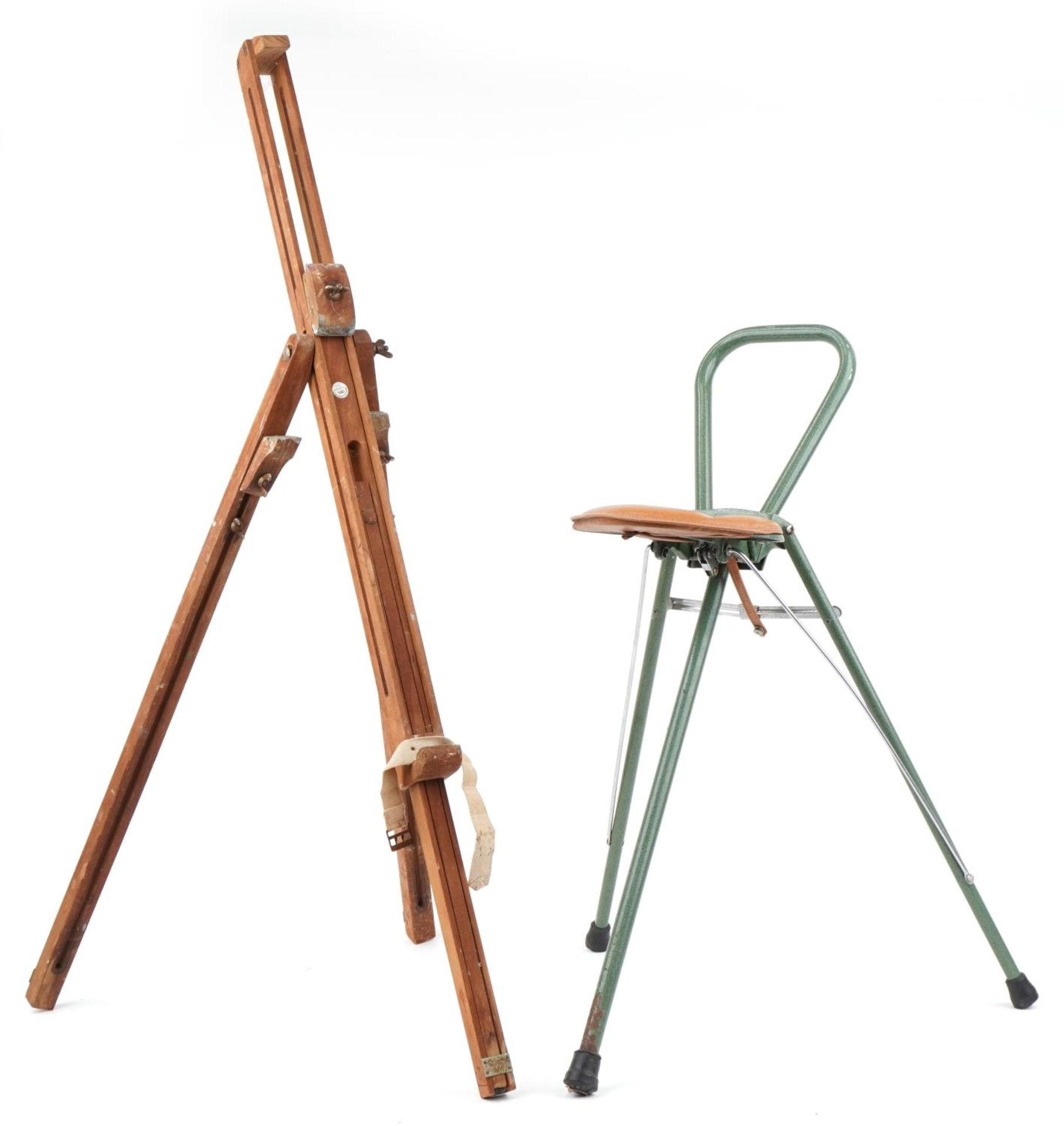 Vintage Winsor & Newton artist's easel and a folding artist's stool, the stool 52cm high