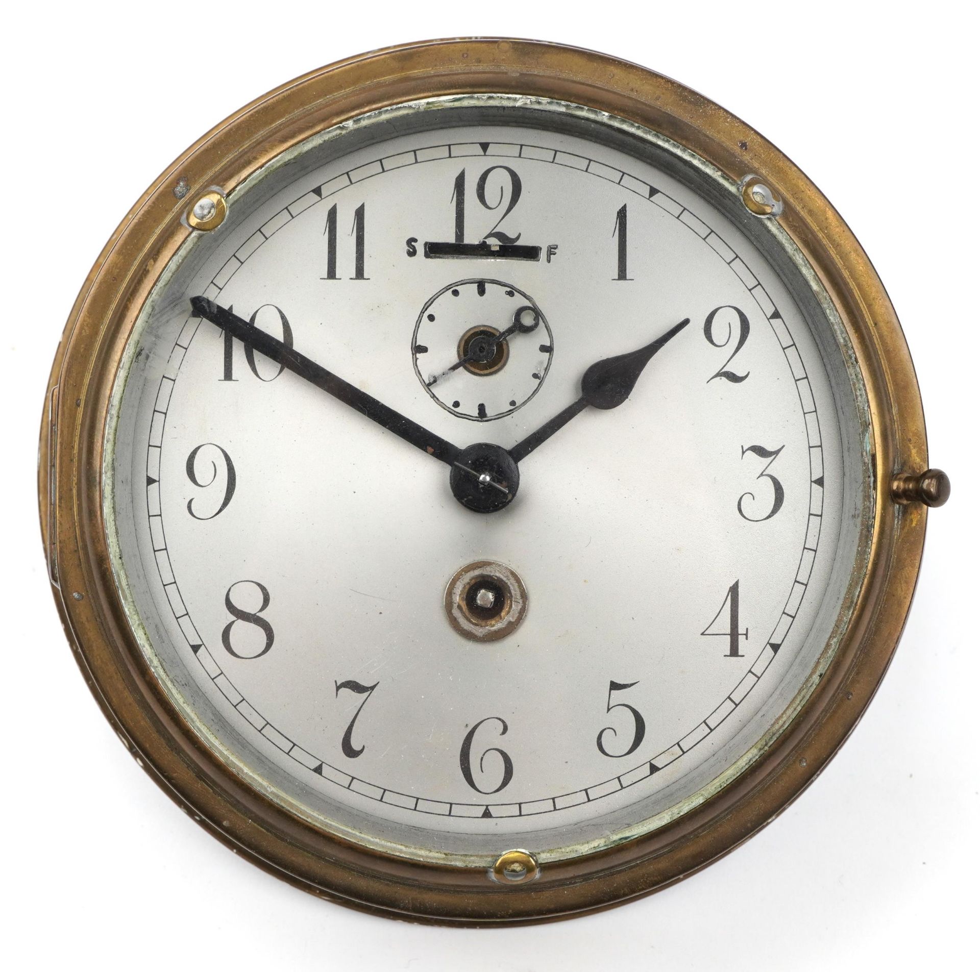 Brass ship's bulkhead design wall clock with silvered dial having Arabic numerals