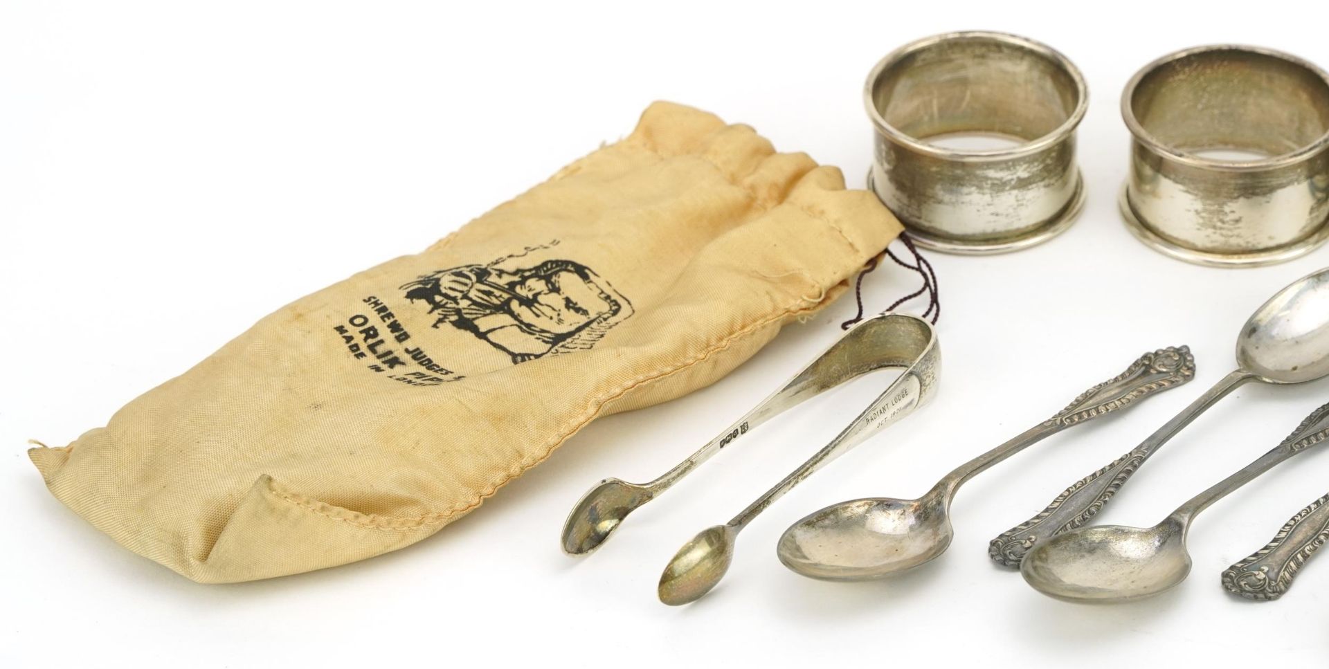 Edwardian and later silver comprising set of six teaspoons, four napkin rings, sugar tongs and - Image 3 of 8