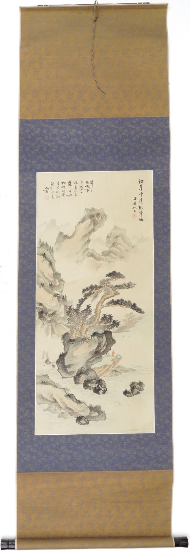 Chinese wall hanging scroll hand painted with figures in a mountainous landscape, 85cm x 38cm - Image 2 of 5