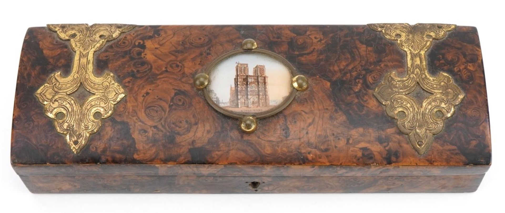 19th century burr dome topped glove box with applied brass strap work and oval panel depicting Notre - Image 3 of 10