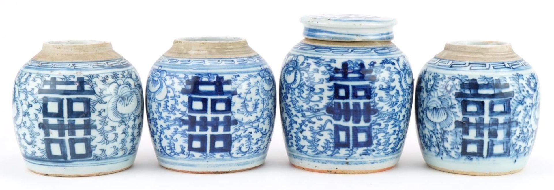 Four Chinese blue and white porcelain ginger jars, one with lid, each hand painted with flowers, the - Image 4 of 12