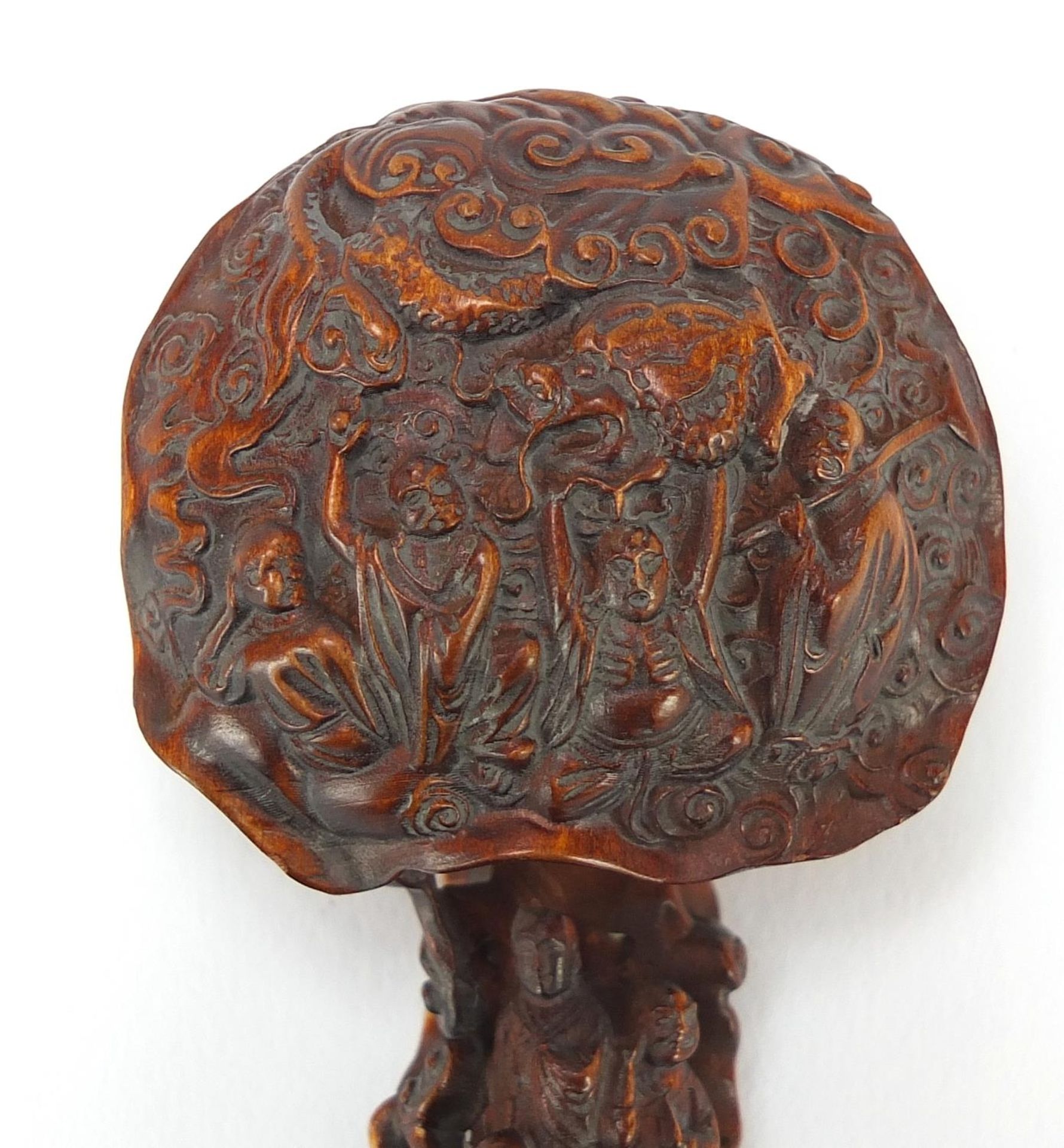 Chinese wood ruyi sceptre carved with figures, 20cm in length - Image 2 of 3