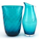 Whitefriars aqua blue glass jug and writhen vase, the largest 22cm high