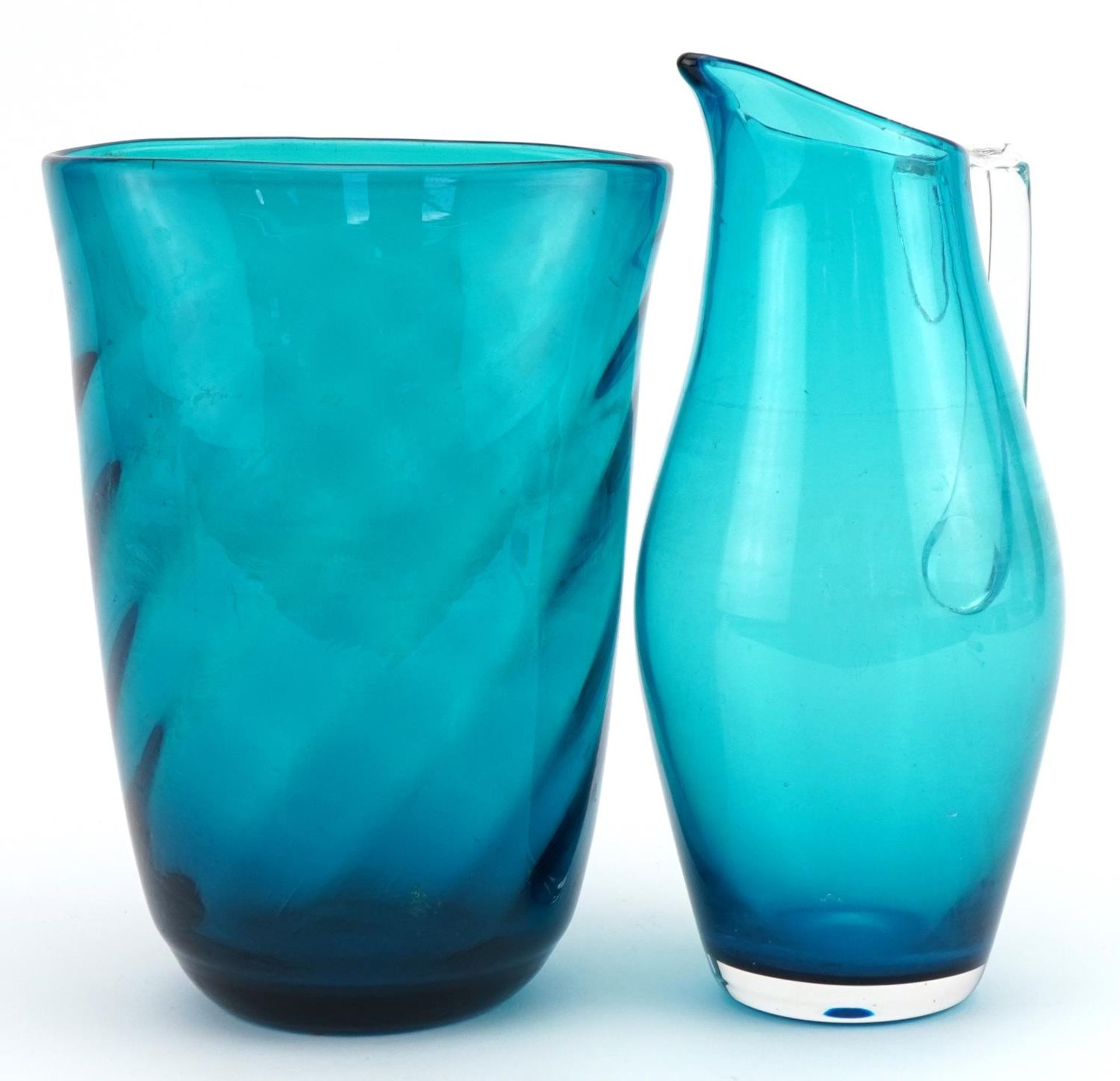 Whitefriars aqua blue glass jug and writhen vase, the largest 22cm high